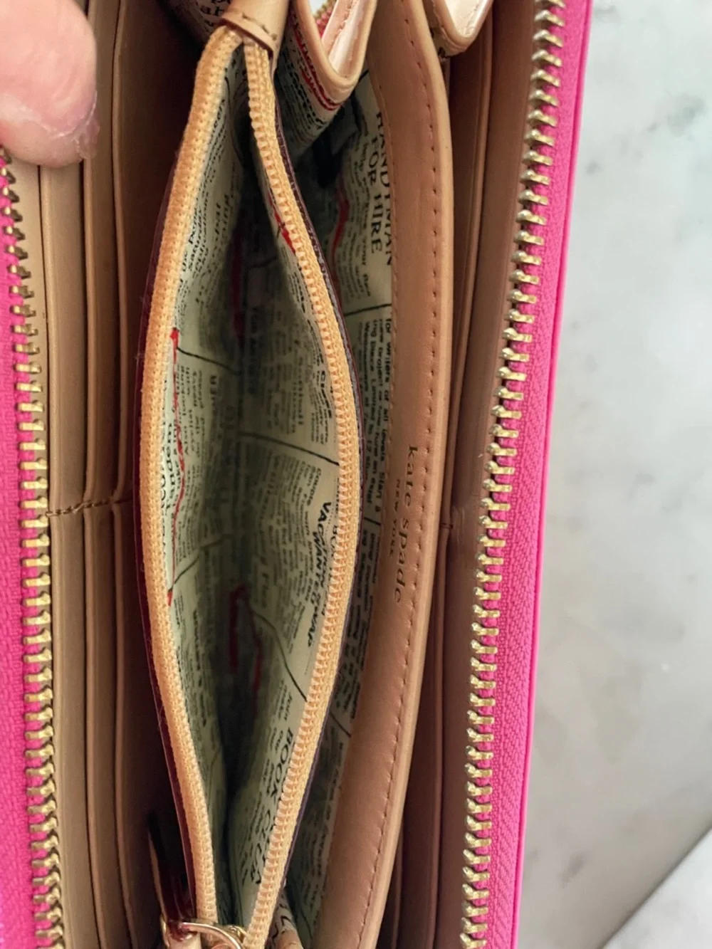 KATE SPADE Spencer Hot Pink Patent Zip-Around Wallet Newspaper Print Lining